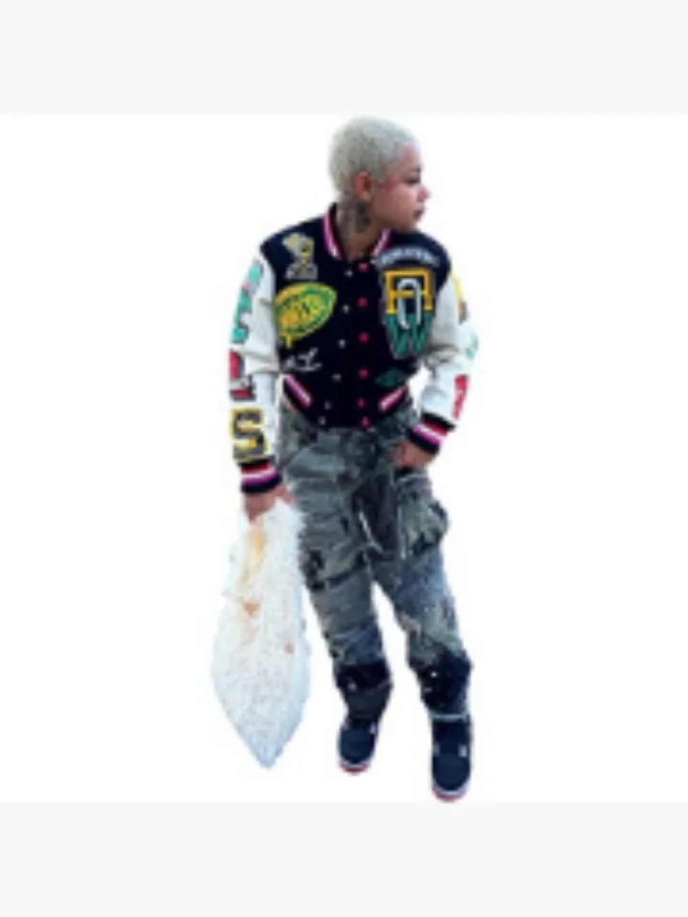 Polyester Cotton Ribbed Long Sleeve Graffiti Print Button Casual Baseball Jacket - Picture 3 of 7